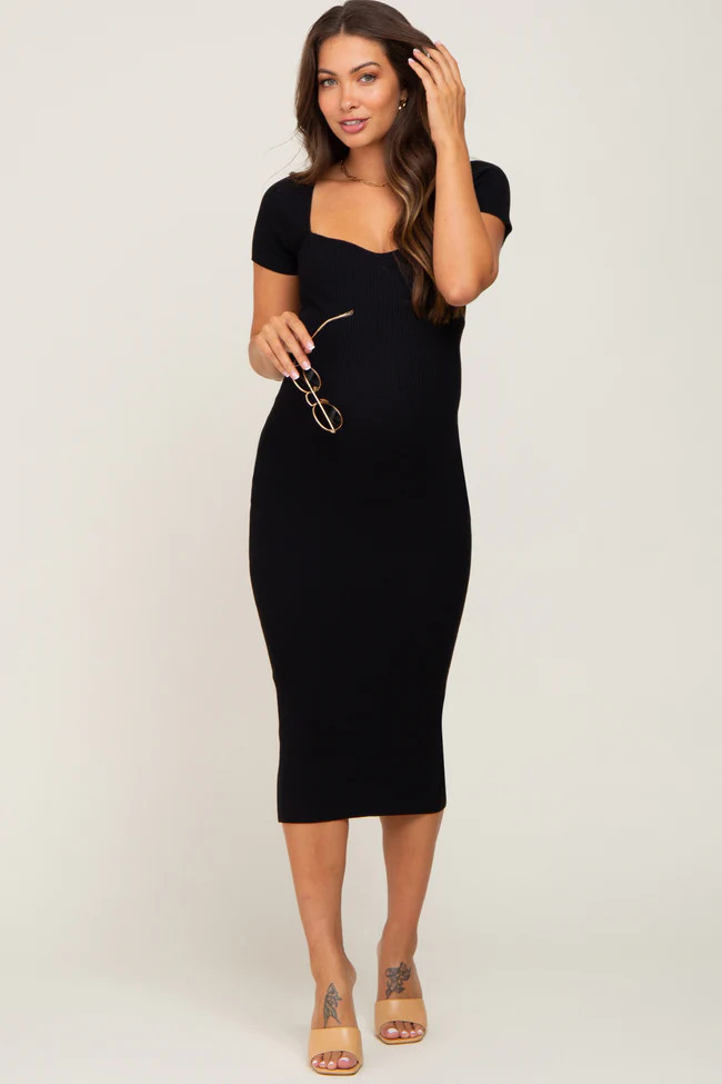 Black Ribbed Maternity Midi Dress | PinkBlush Maternity