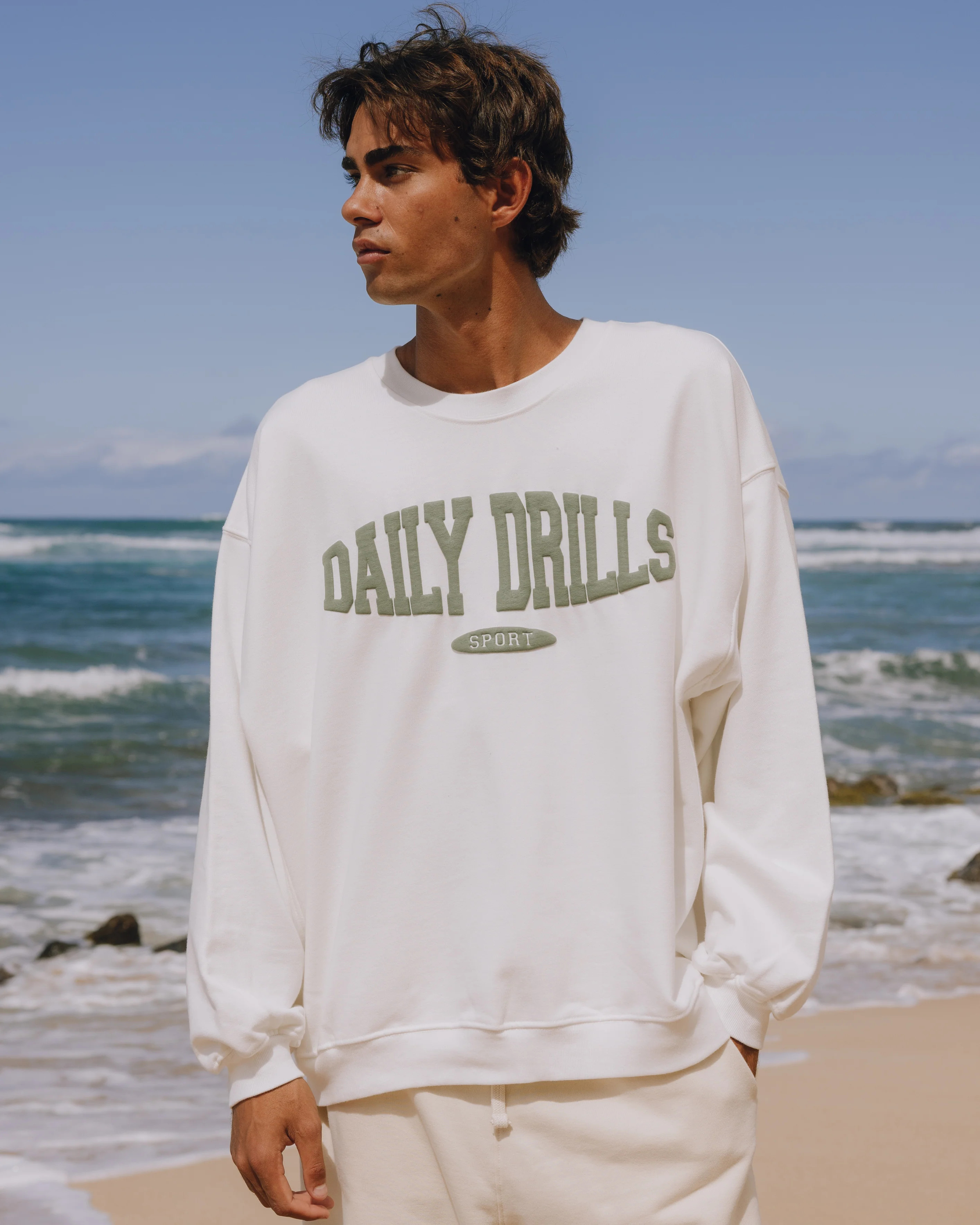Oversized Sport Crew - Raw White with DD Green | Daily Drills LLC