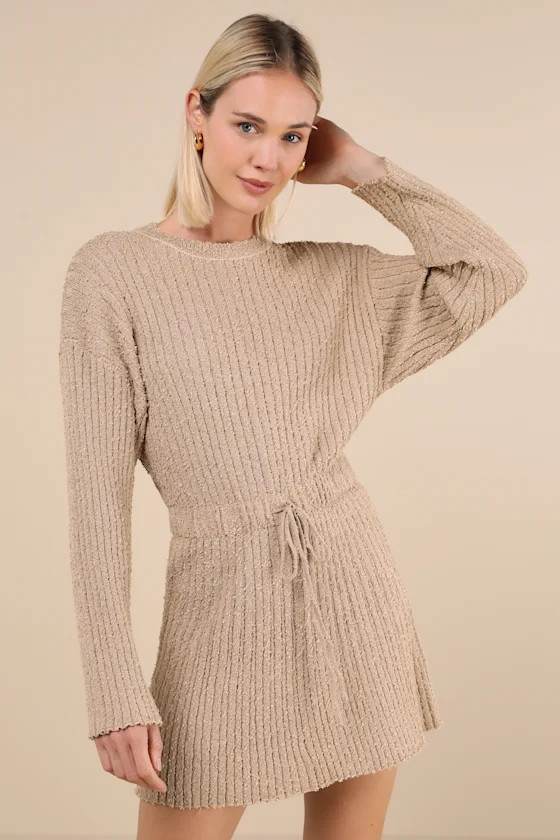 Considerable Charm Beige Boucle Knit Sweater Mini Dress | Lulus