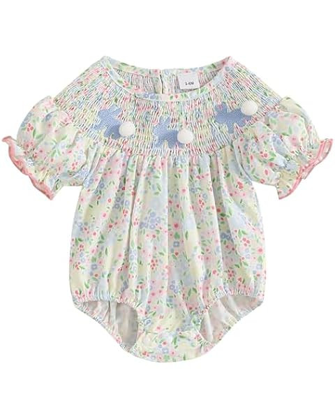 Baby Girl Easter Outfit Infant Bunny Smocked Bubble Romper Newborn Floral Print Bodysuit Toddler ... | Amazon (US)