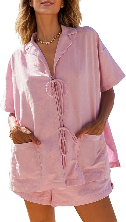 Kikibell Summer Sets Women 2 Piece Outfits Cotton Linen Sets Tie Front Button Down Shirt Shorts w... | Amazon (US)