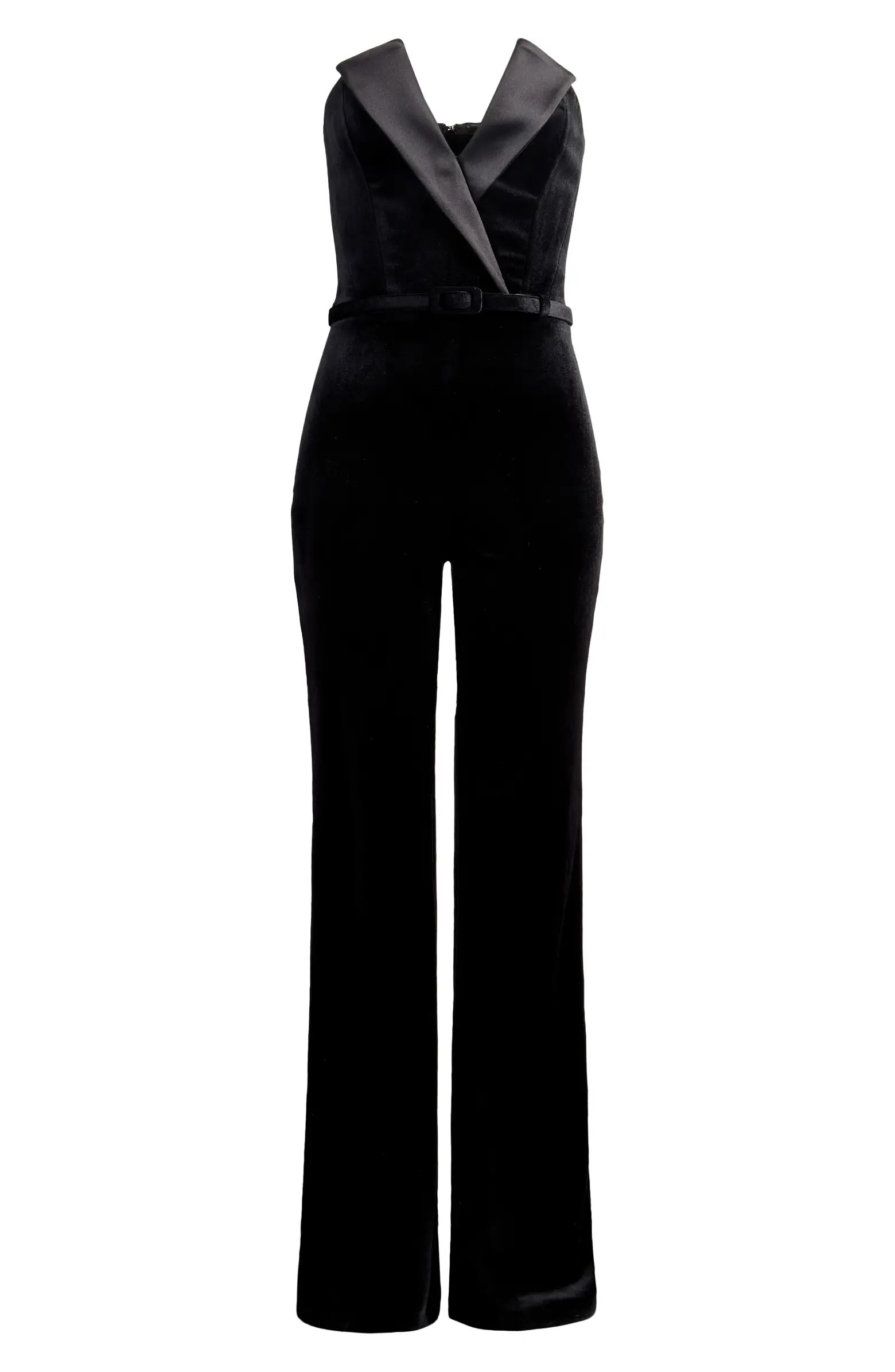 Vanessa Strapless Belted Velvet Flare Jumpsuit | Nordstrom