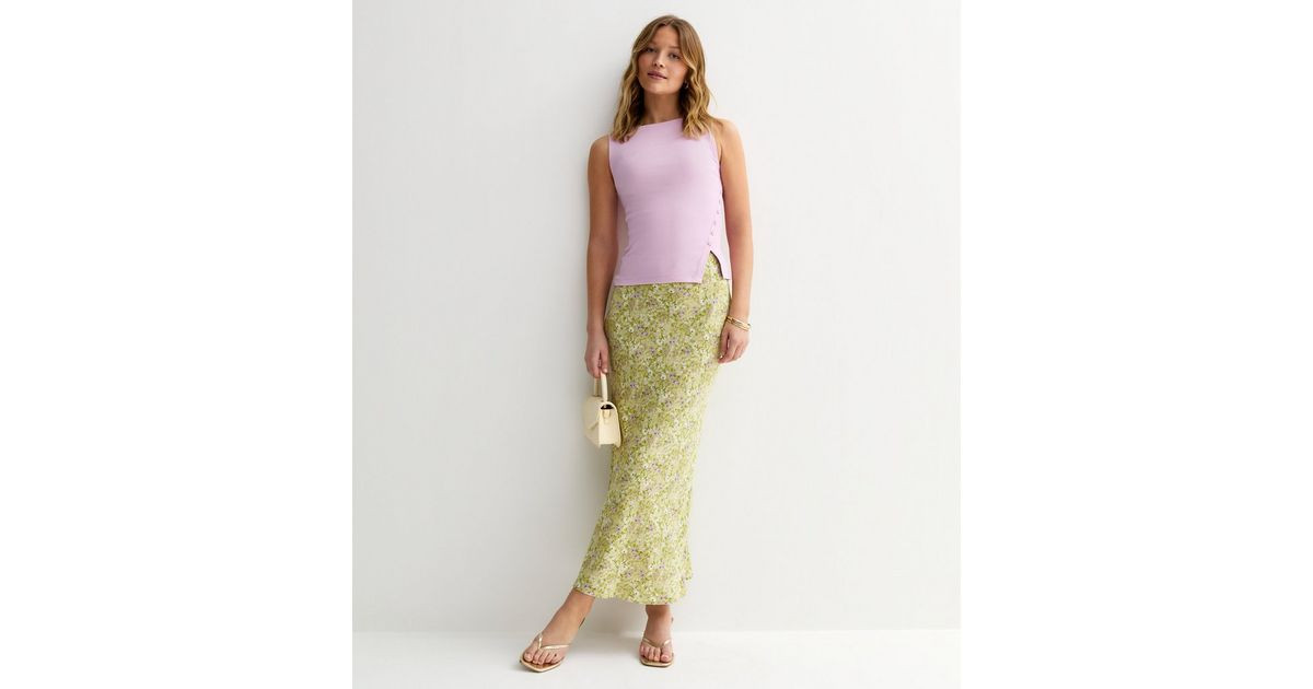 Green Floral Print Bias Cut Midi Skirt | New Look | New Look (UK)