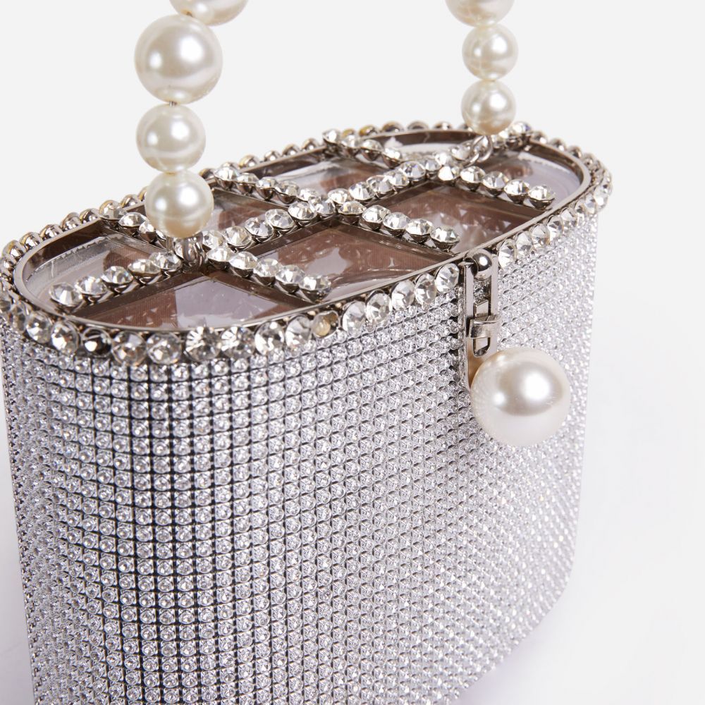 Cinderella Pearl Top Handle Cross Body Bag In Silver Diamante | Ego Shoes (UK)