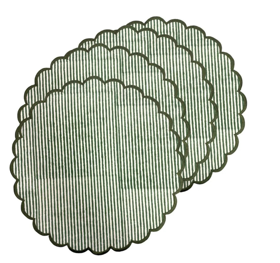 Green Stripe Hand Block Printed Cotton Placemats Set of 4 – Embroidered Scallop Round Table Mat... | Etsy (US)