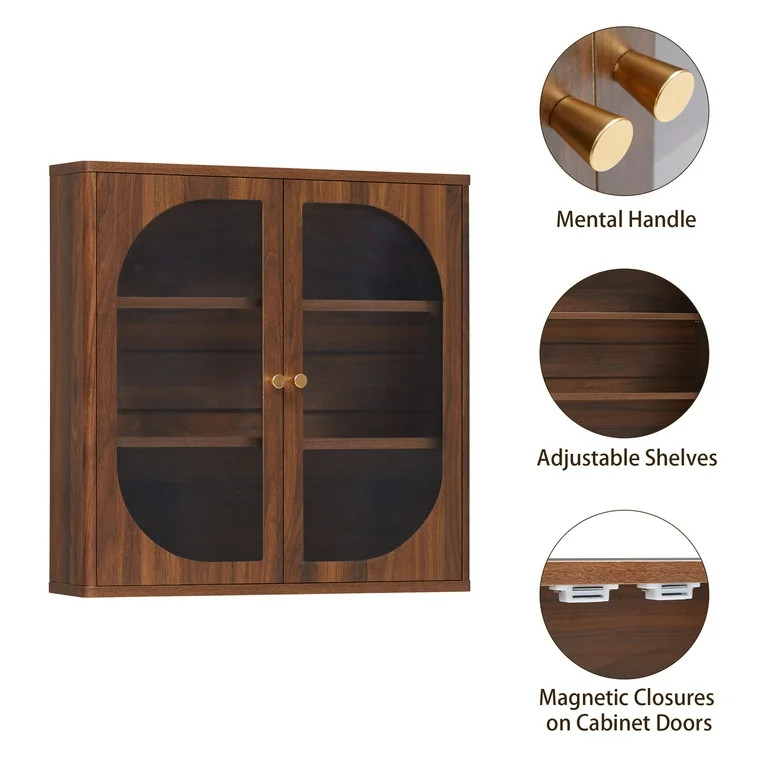 Wirrytor Walnut Wall Storage Cabinet, Farmhouse Bathroom Shelf with Glass Door, Medicine Wall Mou... | Walmart (US)
