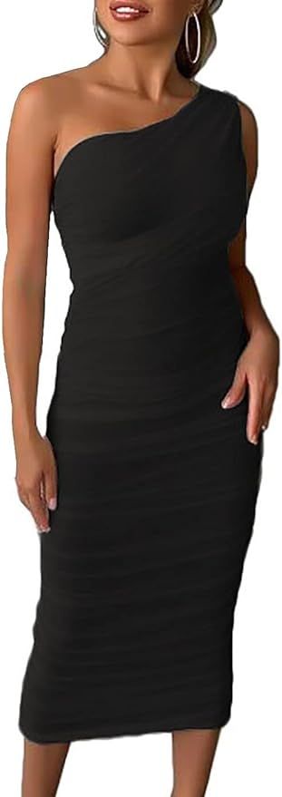 Nhicdns Women's Sexy One Shoulder Ruched Dresses Mesh Bodycon Sleeveless Club Midi Dress for Part... | Amazon (US)