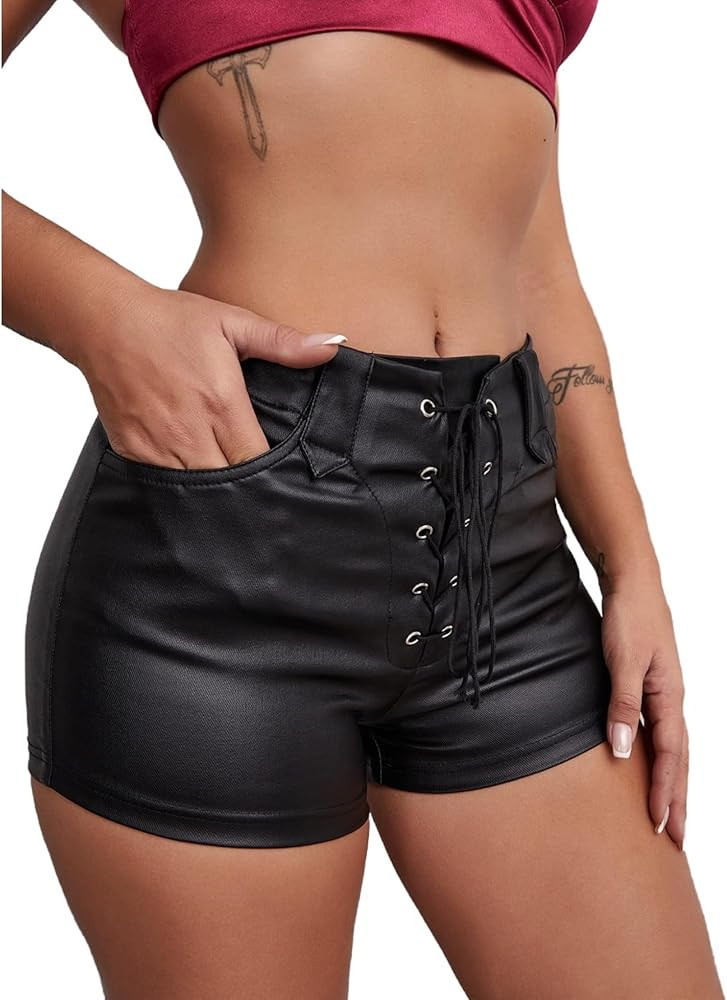 Floerns Women's Y2K Sexy High Waisted Faux Leather Shorts Drawstring Lace Up Festival Rave Shorts | Amazon (US)