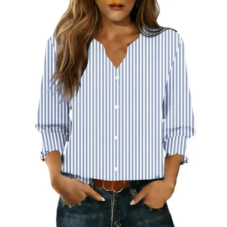 Cilsoka Ladies Tops and Blouses for Summer 2026, Womens 3/4 Length Sleeve Tops Casual Henley Tunic Tops V Neck Button Shirt Dressy Cute Print Tshirt Basic Ladies Blouse, Graphic Trendy Tees | Walmart (US)