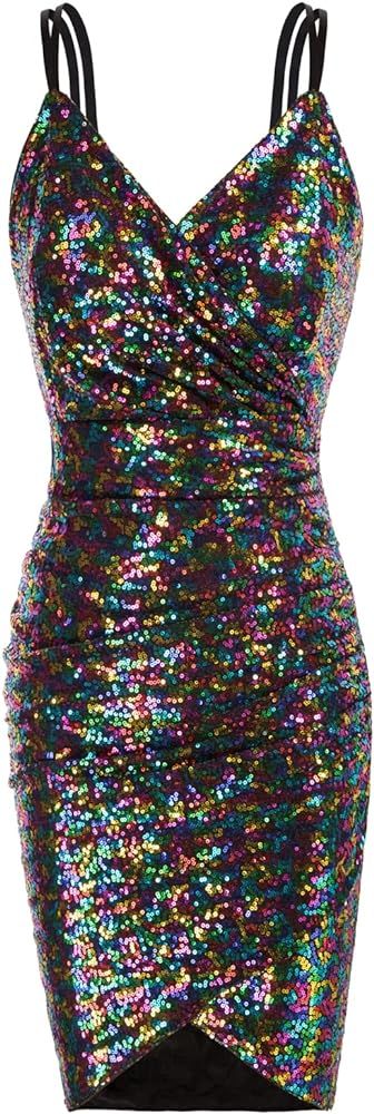 GRACE KARIN Women's Sexy Sequin Sparkly Glitter Ruched Party Club Dress Spaghetti Straps Wrap V-N... | Amazon (US)