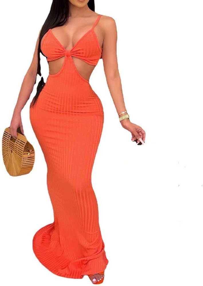 Womens Spaghetti Strap Leaf Printed Maxi Dress Bandage Bodycon Beach Holiday Long Dress | Amazon (US)