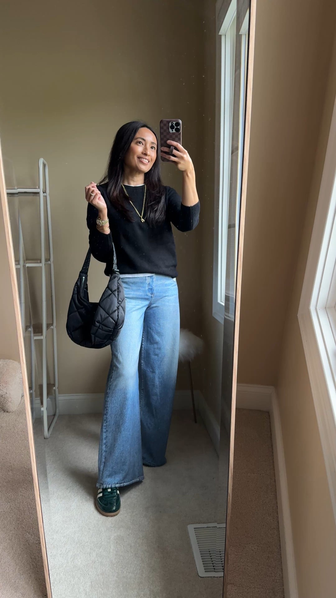 Sweatpant jeans. 
-It took me seeing a pair in person to appreciate the concept, as a true denim fabric lover. But the feel, the drape, the look, and of course the comfort ended up winning me over. 
-I’m wearing the designer version here, but am also linking my favorite alternative to the popular designer pair that has been restocked in all sizes and currently on sale for around $53-$59. The look for less option I am recommending is the best alternative that I have found after trying out a few pairs. Size down. The regular length is a bit long for me with flat shoes, but actually looks good when it skims the floor. 
-Soft classic crewneck sweater. I like to size up in this style. 
-New sneakers that are a great option to add interest to neutral looks. Size down. 
-Quilted shoulder bag style that also comes with a crossbody strap and chain strap. 
-Initial necklace works great with crewneck tops. 


#LTKOver40 #LTKShoeCrush #LTKStyleTip