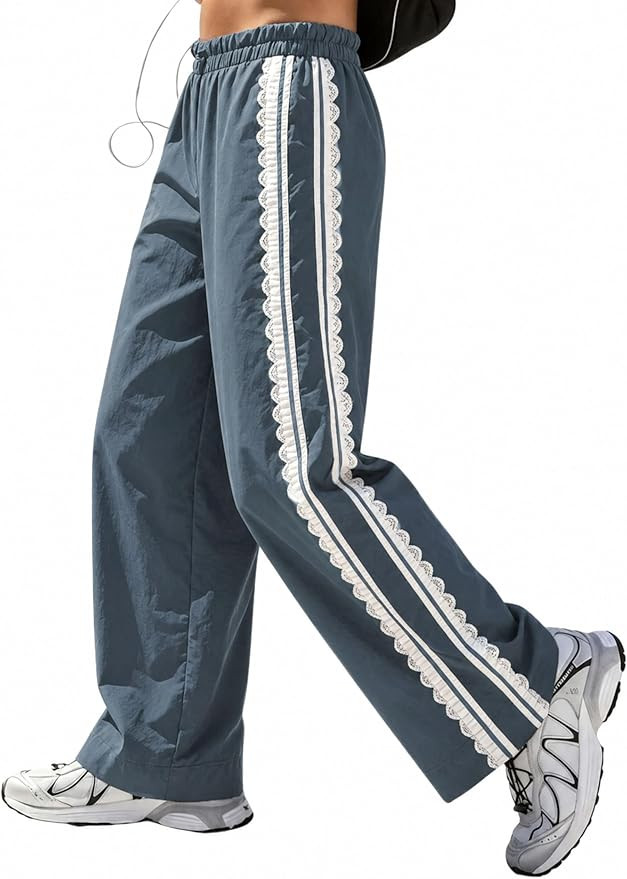 MINSURE Women's Baggy Wide Leg Track Pants Lace Side Stripe Elastic Waist Drawstring Hiking Pants... | Amazon (US)