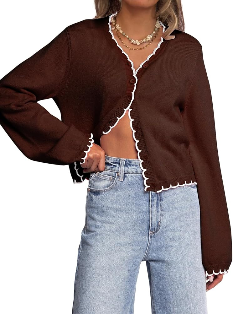 Women Long Sleeve Cardigan Button Down Knit Jackets Open Front Cropped Contrast Color Trim Sweate... | Amazon (US)