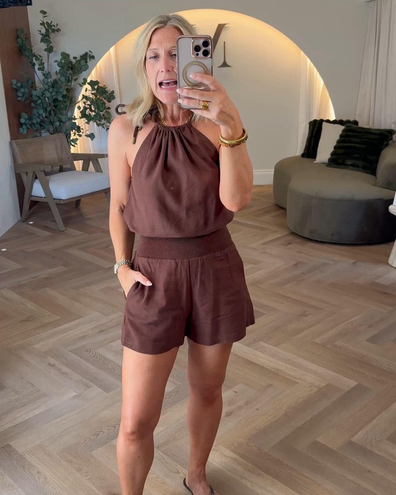 Marame.com
Easy but elevated co-ord set. 
Also comes in red, blue and white and comes with matching trousers and skirt (and even a short sleeve blazer). 
Size up on the top of you’ve got bigger boobs. 
I’m a uk 8 wearing an 8 in the shorts and a 10 in the top.

#LTKsummer #LTKpetite #LTKover50style