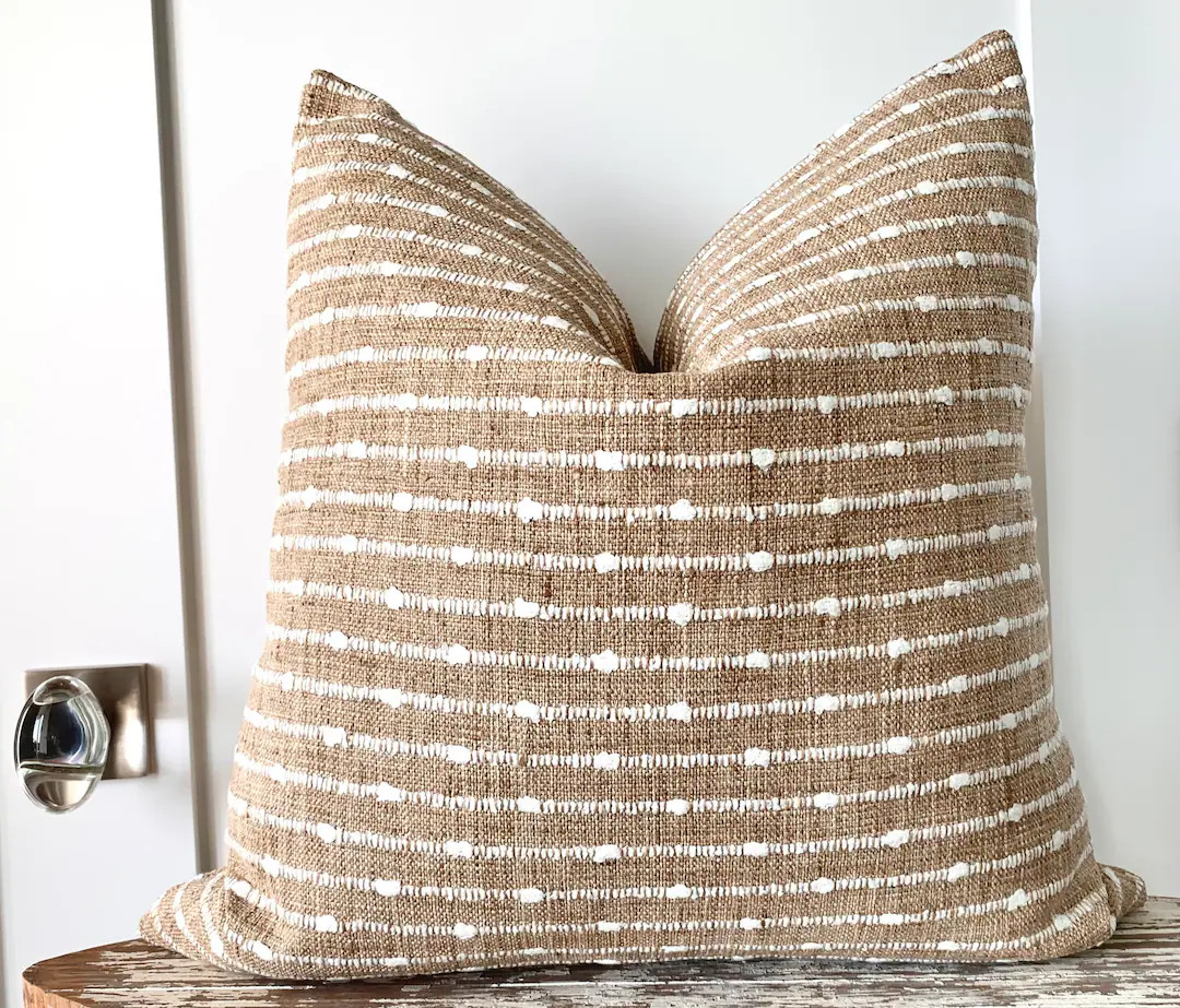Raffia Look Camel and Cream Striped Pillow Cover: Boho Rustic Decor - Etsy | Etsy (US)