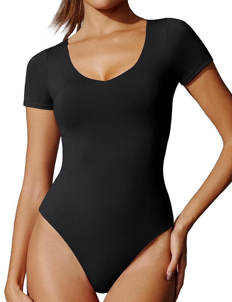 IUGA Bodysuits for Women Tummy Control Short Sleeve V Neck Body Suits for Womens Compression Slim... | Amazon (US)