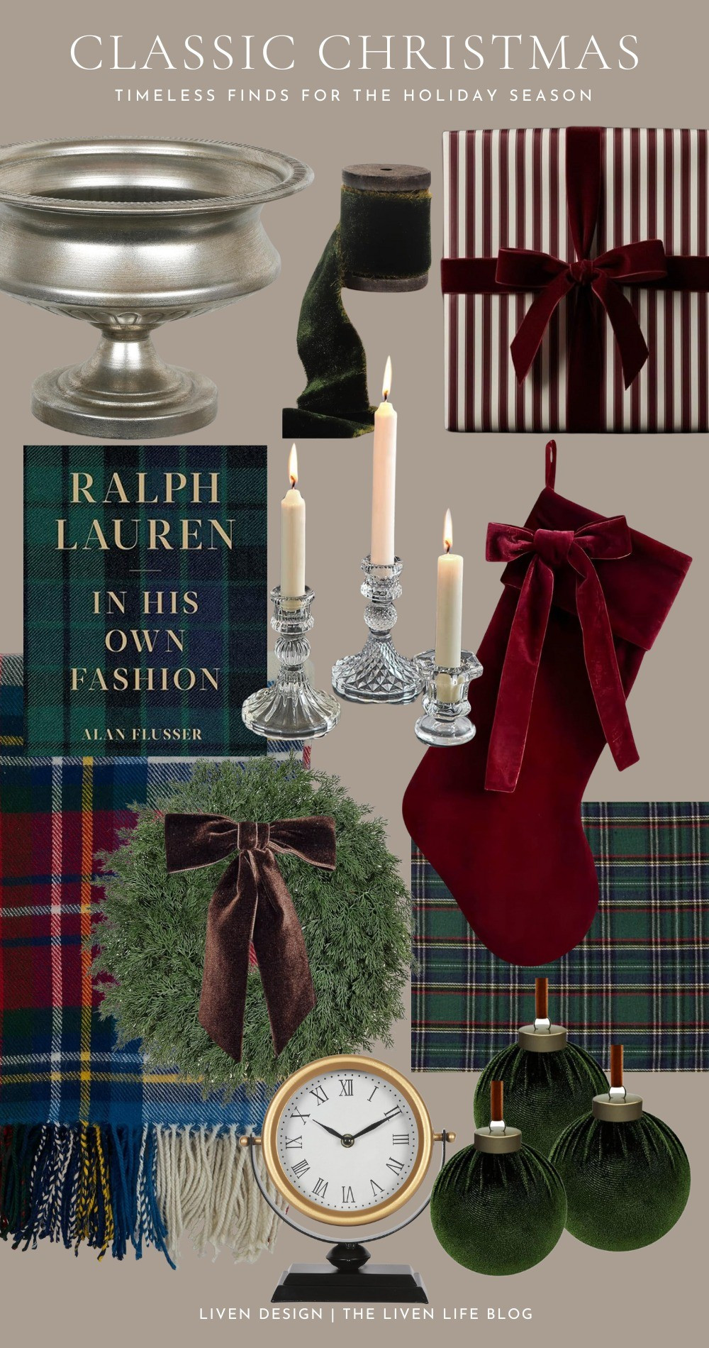 Classic Christmas home decor. Timeless decor. Ralph Lauren. Tartan cloth napkins. Table runner. Plaid napkins. Plaid tartan throw blanket. Living room. Velvet ribbon. Gift wrap. Burgundy striped wrapping paper. Flocked velvet Ornaments. Velvet bow stocking. Glass taper candle holders. Antique silver urn. Antique brass mantel clock

#LTKHoliday #LTKSeasonal #LTKHome