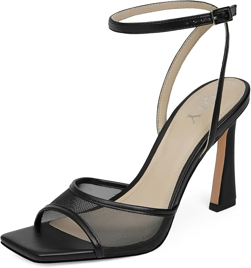 Strappy Heels for Women Heeled Sandals Square Toe Heel Ankle Strap Stiletto Mesh High Heels Dress... | Amazon (US)