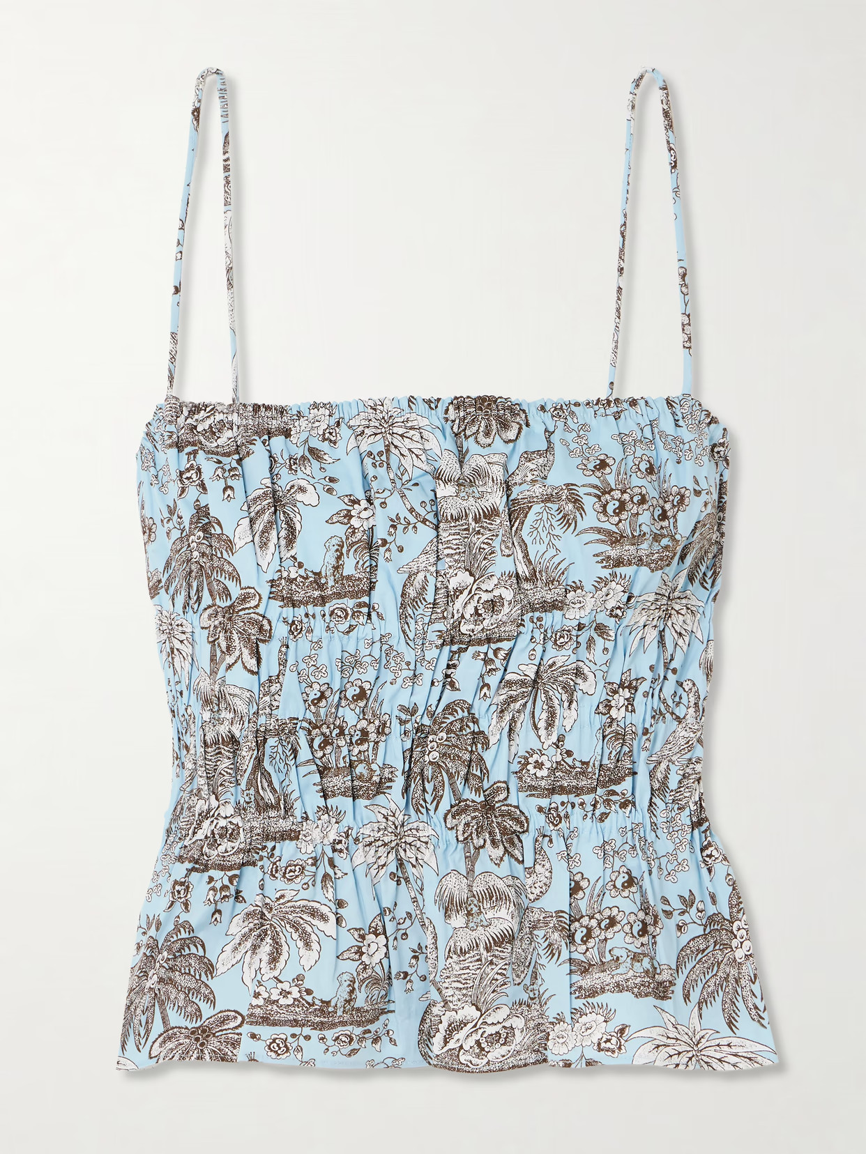 STAUD - Ayla Cropped Shirred Printed Cotton-blend Top - Blue | NET-A-PORTER (US)