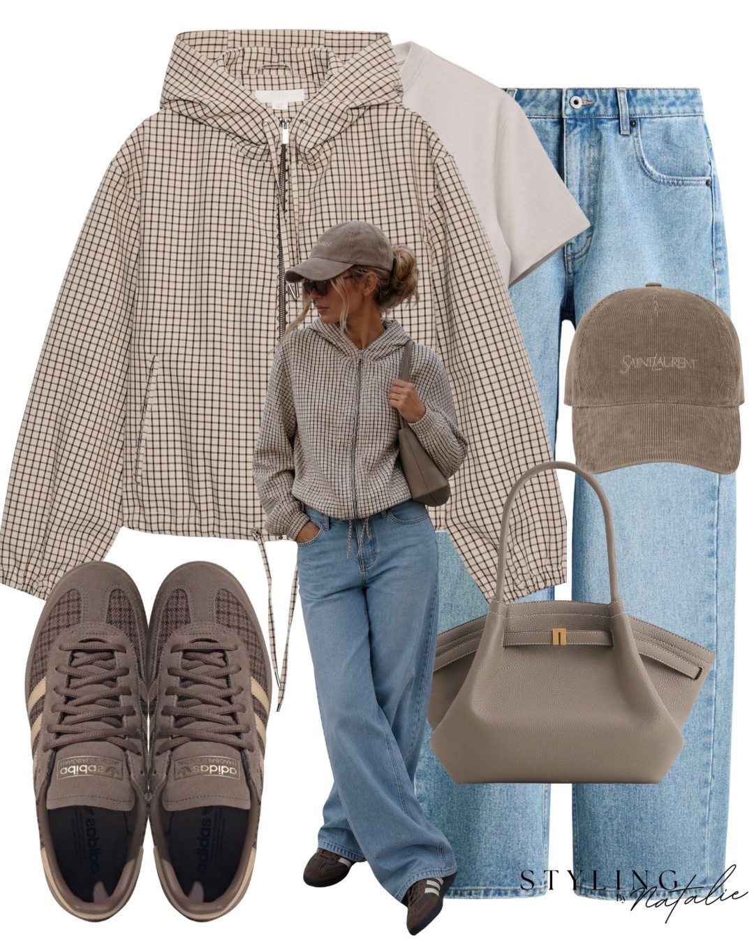 Checkered print hooded windbreaker style jacket with jeans T-shirt YSL baseball cap tall handbag and check print Adidas Spezial trainers.
Autumn outfit, bomber jacket, Zara style, taupe tones, neutral outfit, everyday style,  casual, cool girl style

#LTKuk #LTKautumn #LTKFashionMonth