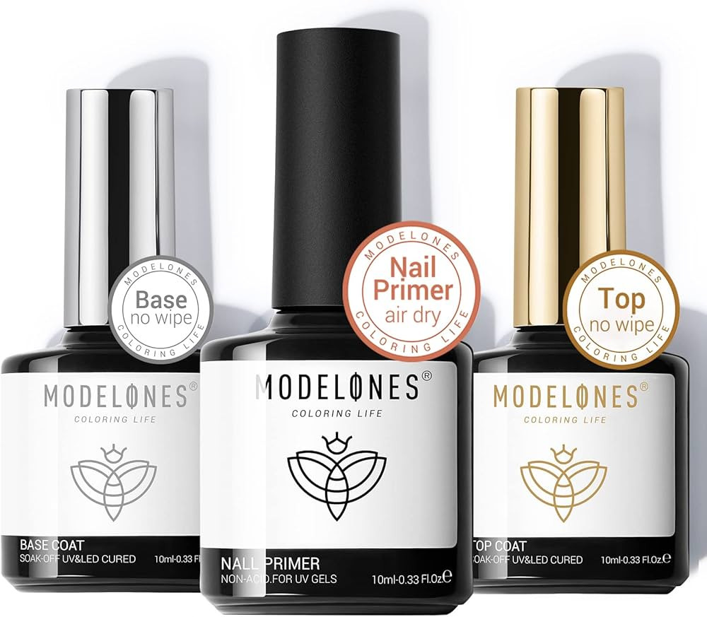 modelones Gel Top Coat and Base Coat With Nail Primer, 3Pcs No Wipe Base and top coat Gel Nail Po... | Amazon (US)