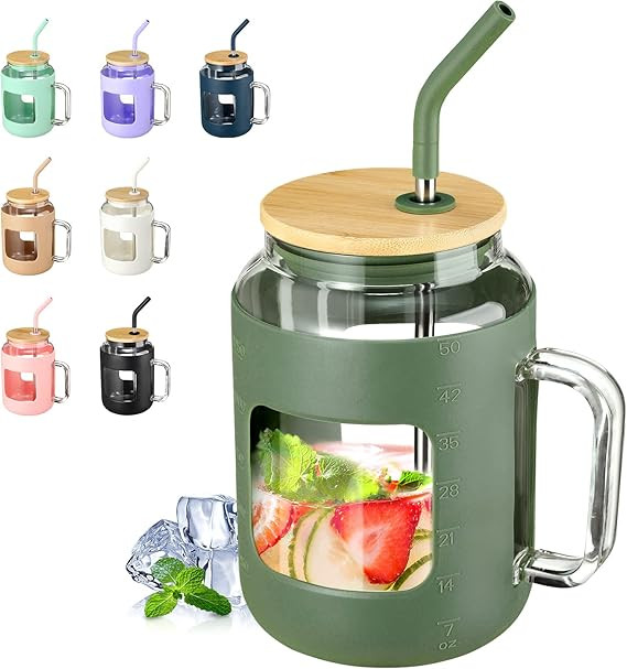 VOKOVO 50 oz Glass Tumbler with Bamboo Lid and Straw, Glass Water Bottles with Handle and Silicon... | Amazon (US)