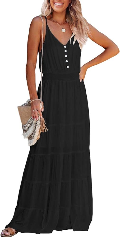 PRETTYGARDEN Women's Causal Summer Dress Spaghetti Strap Sleeveless High Waist Beach Long Maxi Dress | Amazon (US)