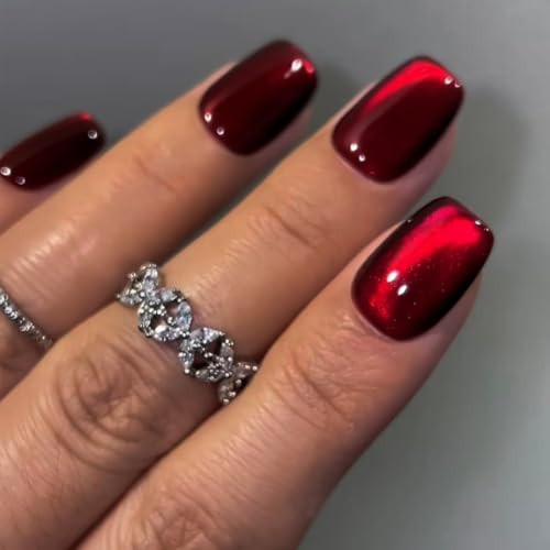 KQueenest Dark Red Cat Eye Press on Nails, Burgundy Glitter Short Coffin, Sparkly Shiny Fake Nails, Cute Bling Acrylic Glue on for Women Holiday Wear, 30 Pcs | Amazon (US)