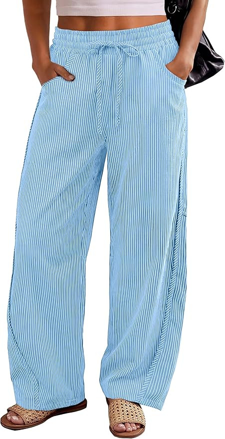 ANRABESS Womens Striped Barrel Casual Pants 2026 Trendy Summer Elastic Drawstring Baggy Lounge Wi... | Amazon (US)
