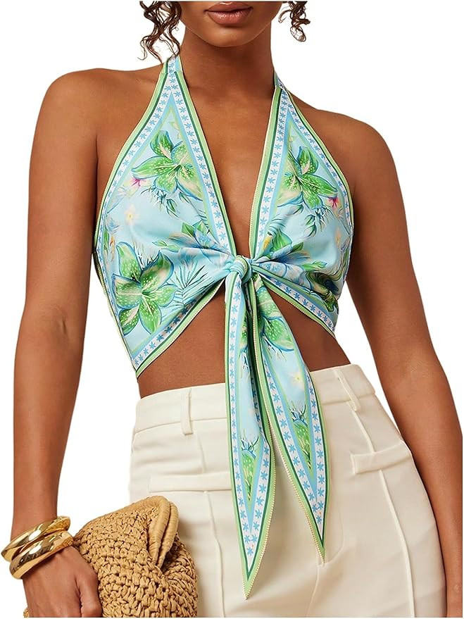 Floerns Women's Summer Floral Halter Tops Tie Front Backless Beach Vacation Crop Tops | Amazon (US)