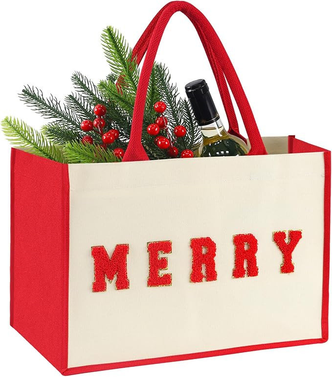 15.5" Canvas Large Christmas Gift Bags with Handles, Reusable Chenille Merry Patches Grocery Shop... | Amazon (US)