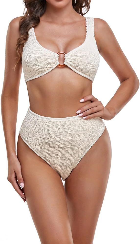 Women Two Piece Bikini Set High Waist V Neck Crinkle Fabric Bandeau Crop Top Bathing Suit | Amazon (US)