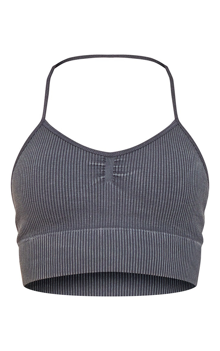 Charcoal Acid Wash Seamless Rib Longline Cage Back Top | PrettyLittleThing US