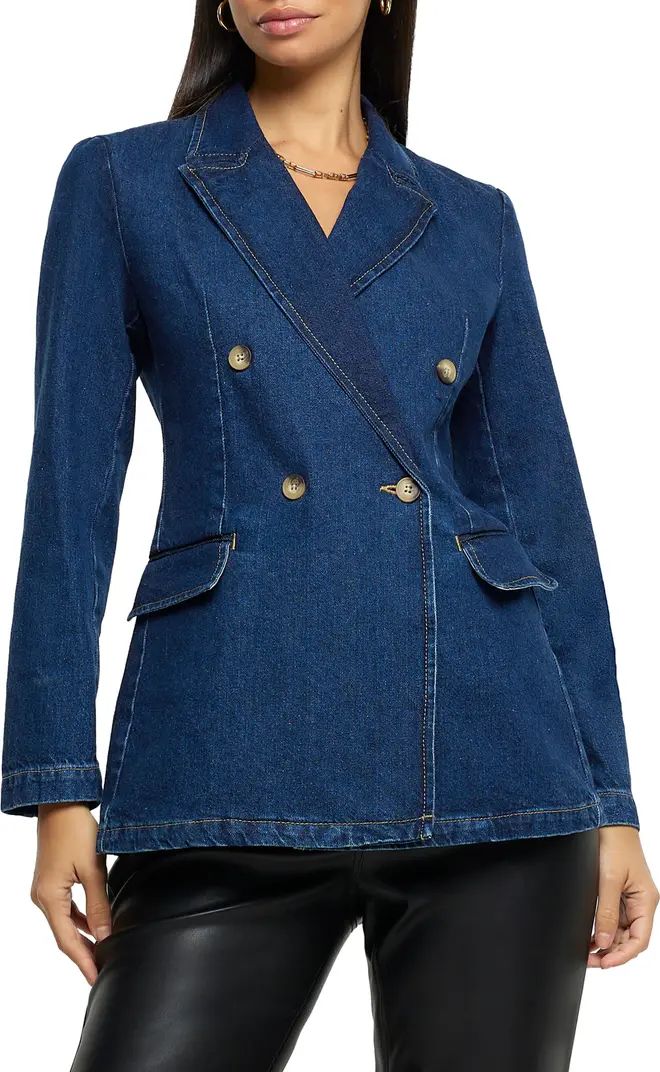 River Island Fitted Double Breasted Denim Blazer | Nordstrom | Nordstrom