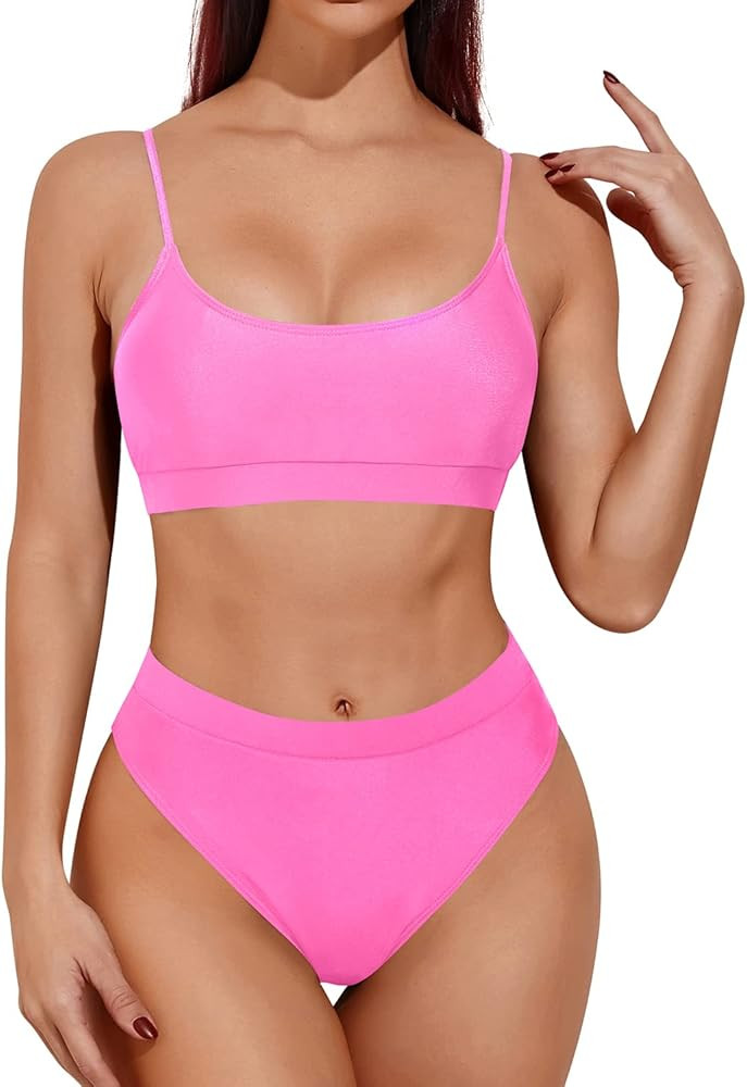 Tempt Me Two Piece High Waisted Bikini Sporty Scoop Neck Swimsuits for Women High Cut Bathing Suit w | Amazon (US)