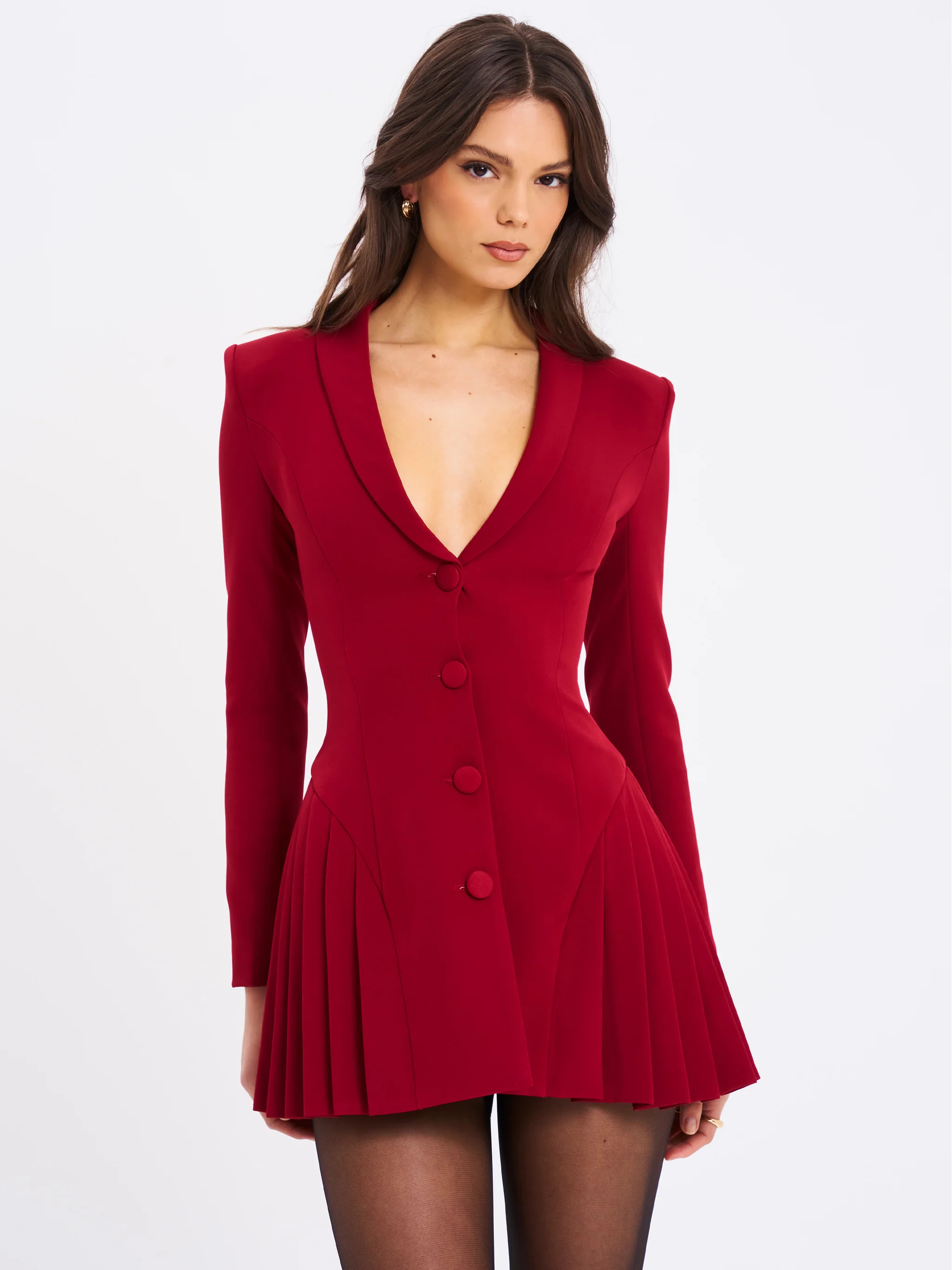Delia Burgundy Blazer Dress with Pleated Detail | Miss Circle