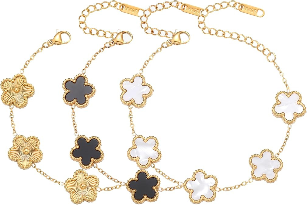 Four Leaf Clover Bracelet Set for Women - 3Pcs 18K Gold Plated Flower Lucky 4 Leaf Link Bracelet ... | Amazon (US)