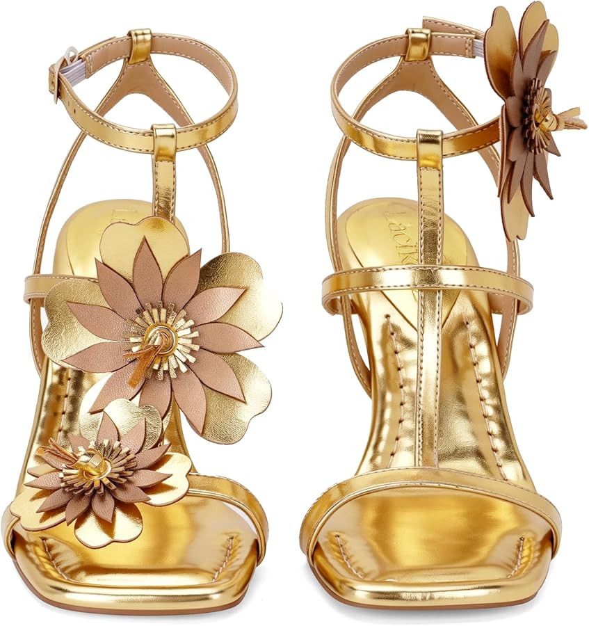 Women\u2019s Flower High Heels T-Strap Stiletto Summer Vacation Sandals | Amazon (US)