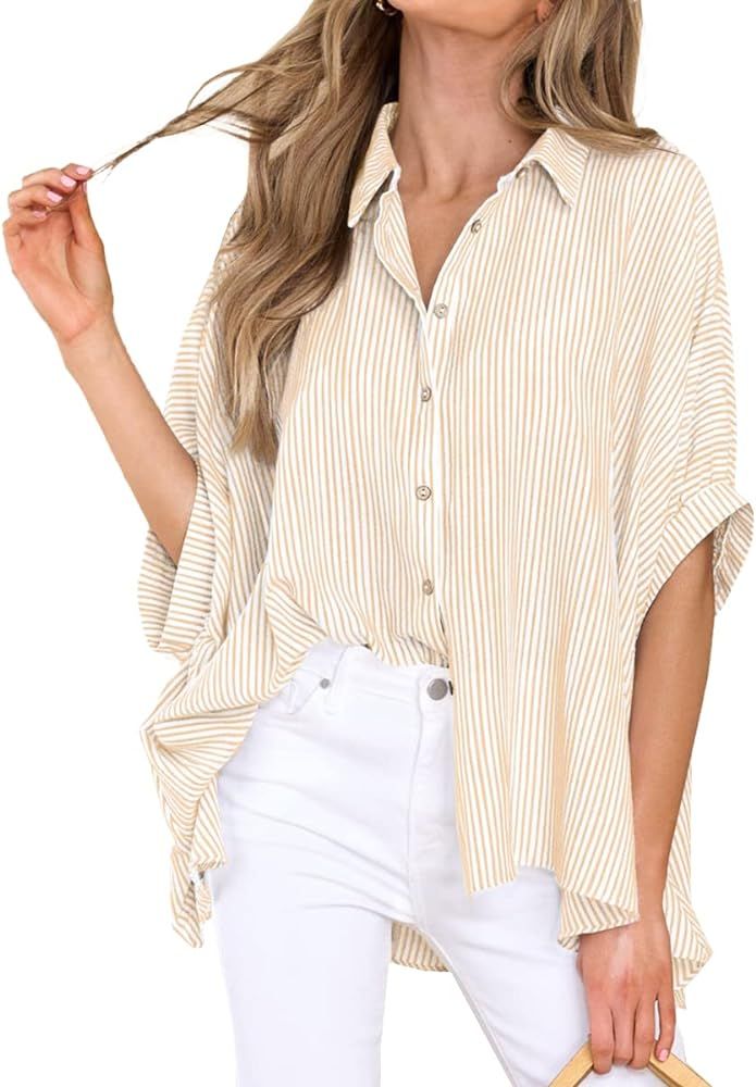 Veatzaer Womens Oversized Short Sleeve Shirts Casual Collared Button Down Striped Blouse Tops | Amazon (US)