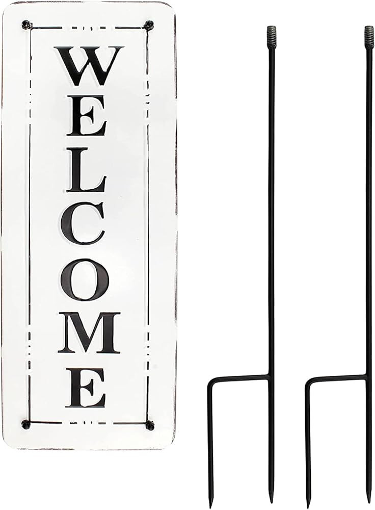 AuldHome Metal Outdoor Welcome Sign; Black and White Enamel Coated Steel Yard Sign | Amazon (US)