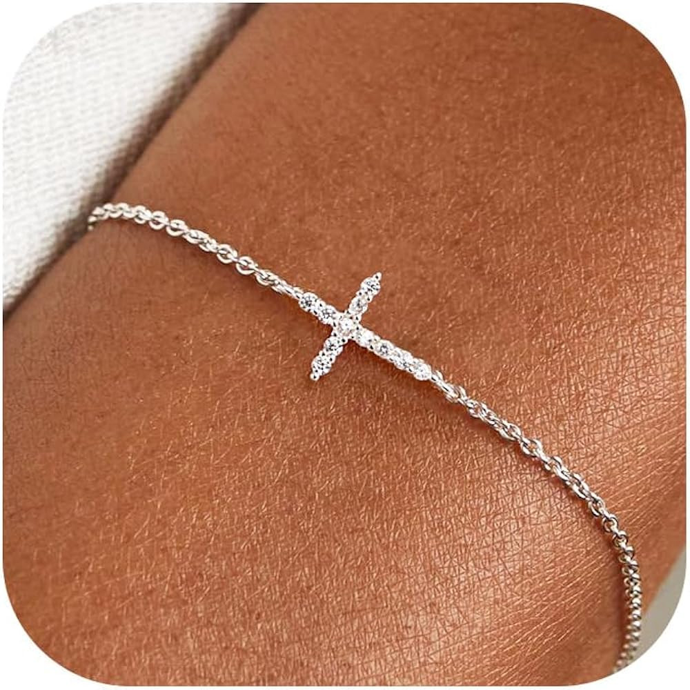 Moodear Cross Bracelet for Women, Dainty 925 Sterling Silver/14k Gold Plated CZ Chain Bracelets f... | Amazon (US)