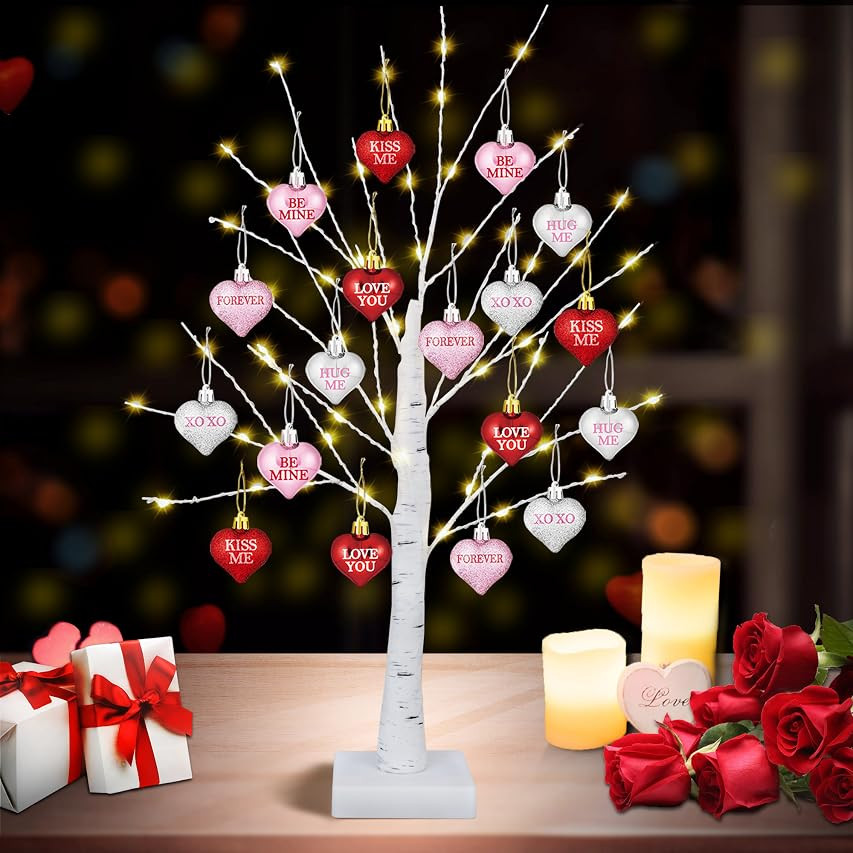 [Timer] Valentines Day Decoration 24 Inch Valentines Decor Tree Light with 12 Heart Ornaments, USB/B | Amazon (US)