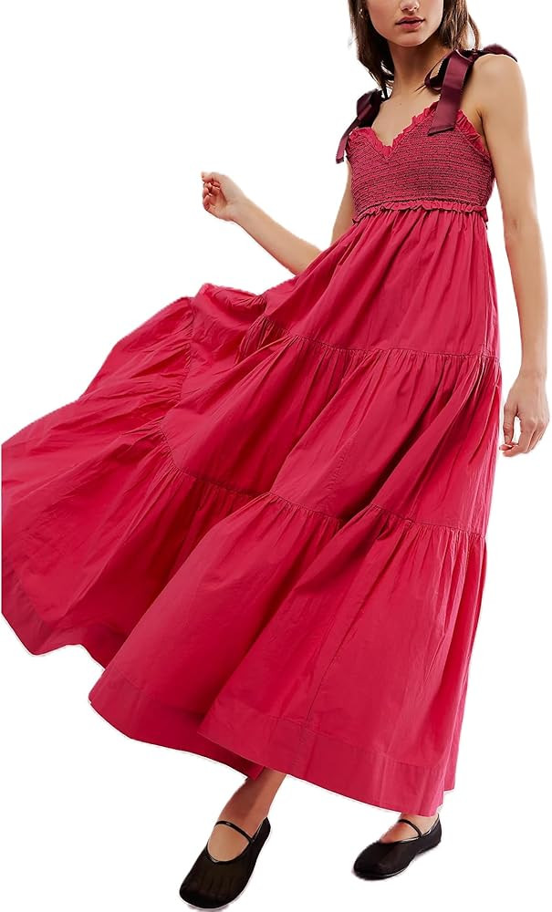 Women Boho Tie Shoulder Dress Y2k Floral Smocked Long Flowy Dresses Cute Summer Beach Spaghetti S... | Amazon (US)