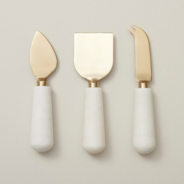 CHEESE KNIVES, WHITE MARBLE/BRASS, SET OF 3 | Indigo (CA)