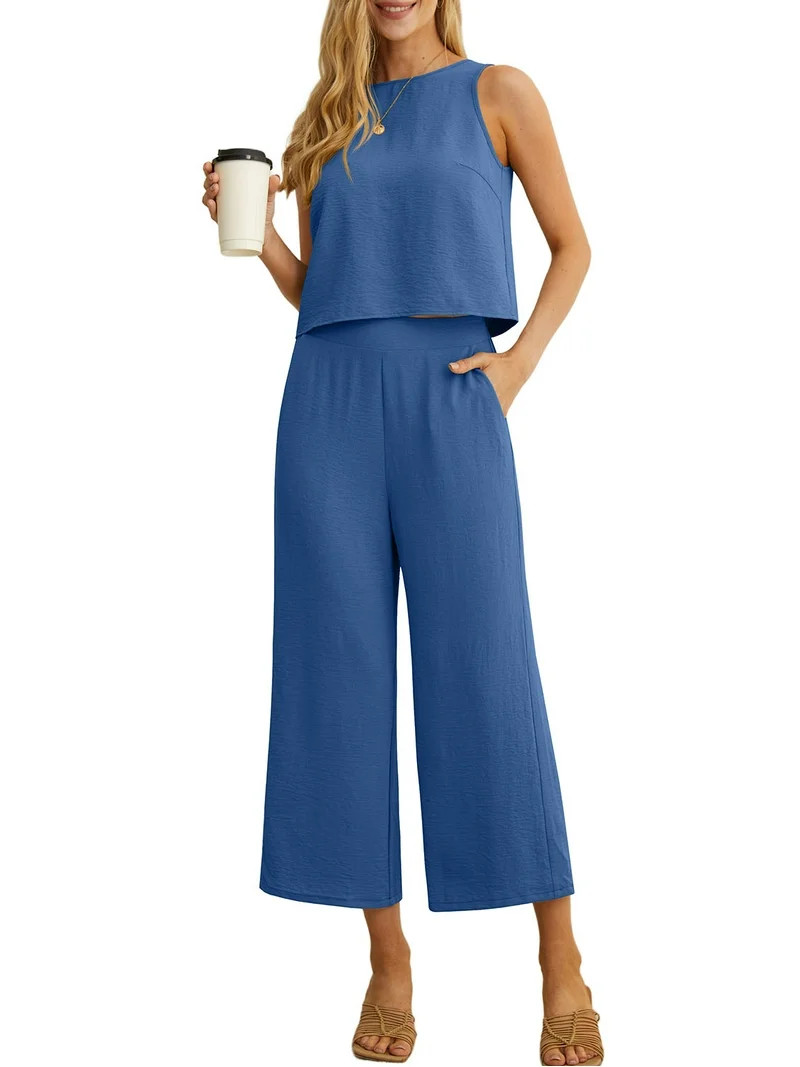 Cueply Women's Summer 2 Piece Outfits Lounge Sets Sleeveless Crop Top Wide Leg Cropped Pants with... | Walmart (US)