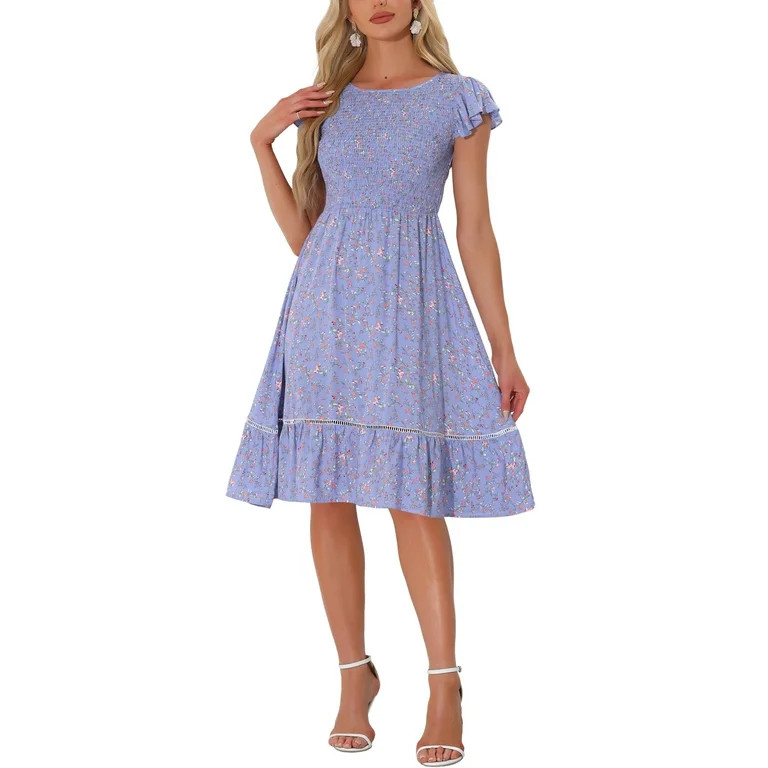 Allegra K Women's Summer Sundresses Floral Smocked Fit and Flare Midi Dress | Walmart (US)