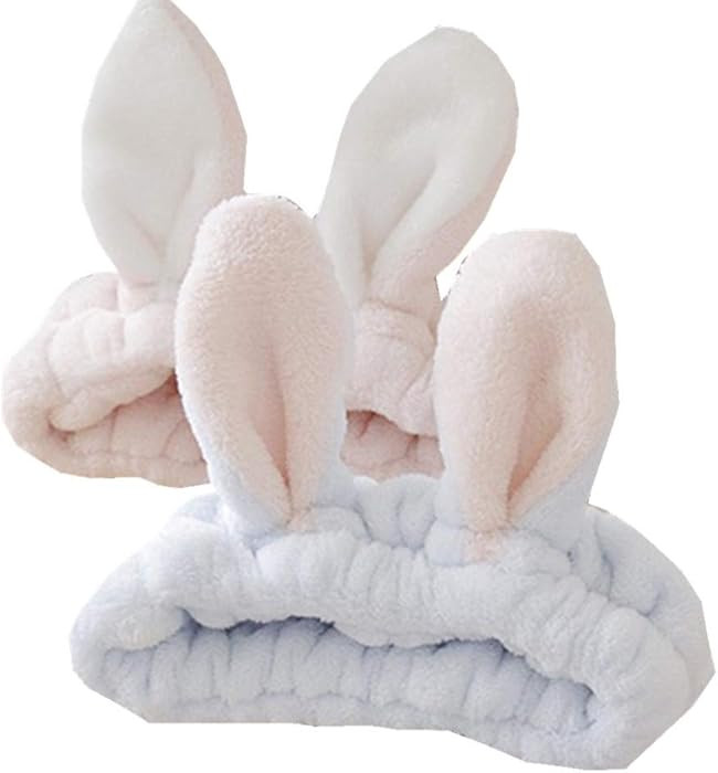 bouti1583 Women Fashion Soft Flannel Bunny Ear Makeup Cosmetic Shower Elastic Headband 2Pcs | Amazon (US)