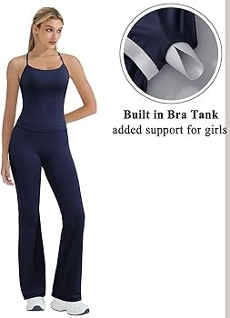 OMKAGI 2 Piece Workout Sets for Women Padded Tank Tops Flare Leggings Pilates Outfits | Amazon (US)