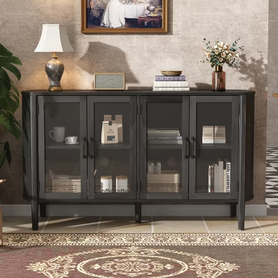 Christopher Knight Home Feyra 58'' Mid-Century Modern Storage Cabinet with 4 Glass Doors and Adjustable Shelves, Black | Target